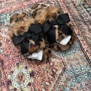 Anthropologie Furry Leopard Slippers with Black Accent